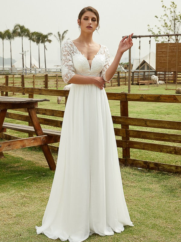 Abiti da sposa lunghi fino al pavimento, in chiffon, con scollo a V, maniche a 1/2, stile principessa/a