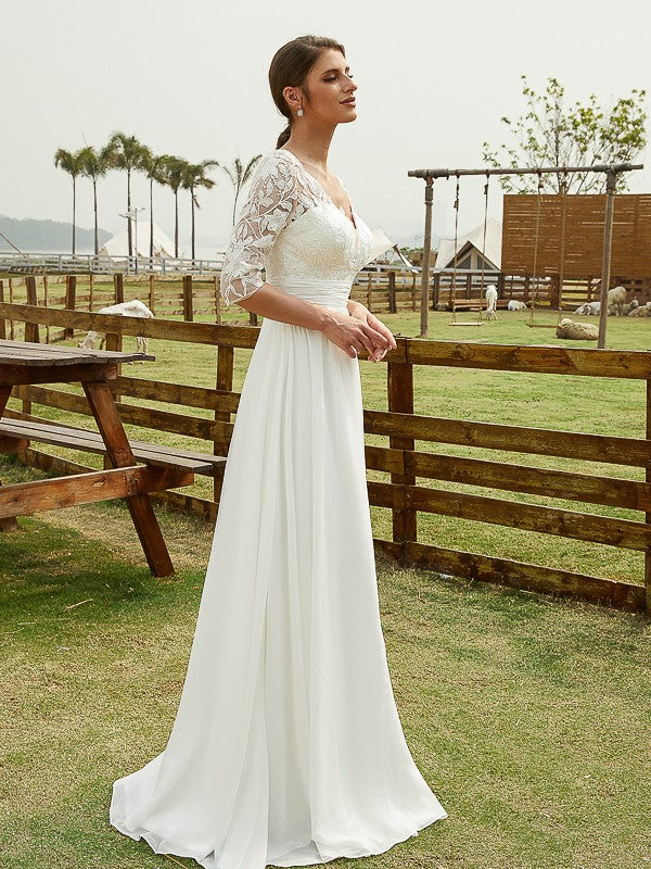 Abiti da sposa lunghi fino al pavimento, in chiffon, con scollo a V, maniche a 1/2, stile principessa/a