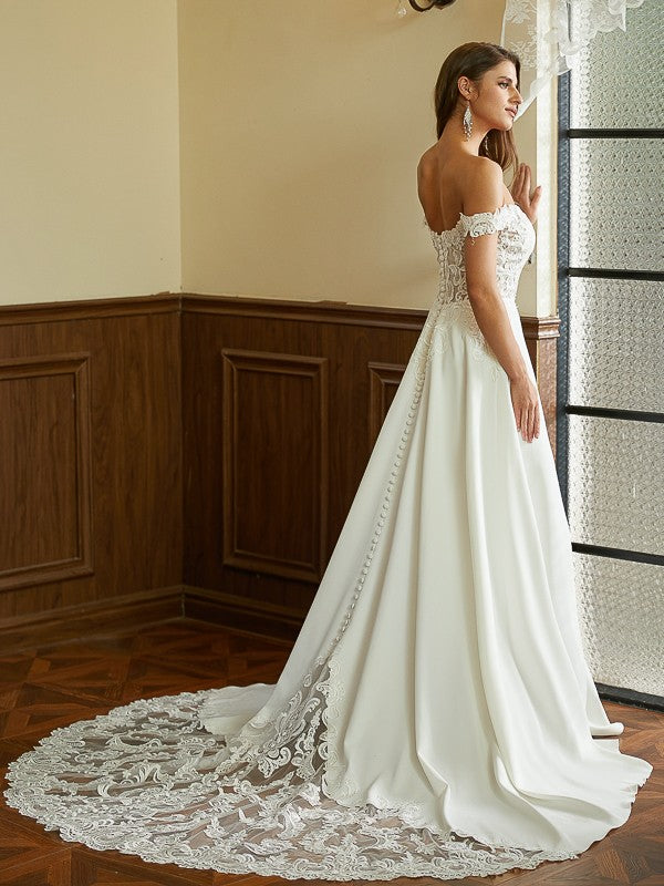 Vestidos de novia de corte A/princesa, con encaje de crepé, hombros descubiertos, mangas cortas y cola de corte