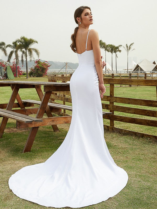 Sheath/Column Charmeuse Ruched V-neck Sleeveless Court Train Wedding Dresses(Detachable Train)