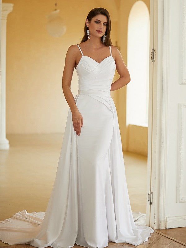 Sheath/Column Charmeuse Ruched V-neck Sleeveless Court Train Wedding Dresses(Detachable Train)