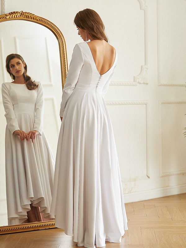 A-Line/Princess  Crepe Ruffles Scoop Long Sleeves Asymmetrical Wedding Dresses