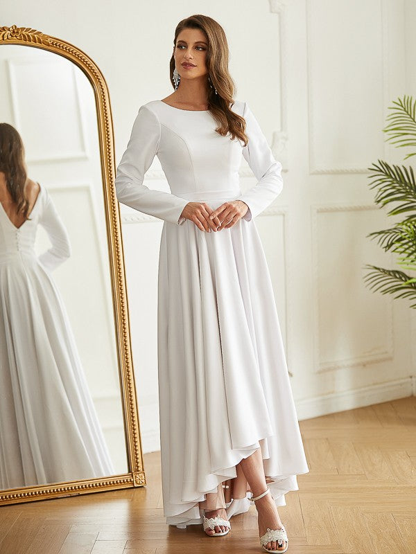 White Crepe A-Line Floor-Length Dress with Long Sleeves & Scoop Neck