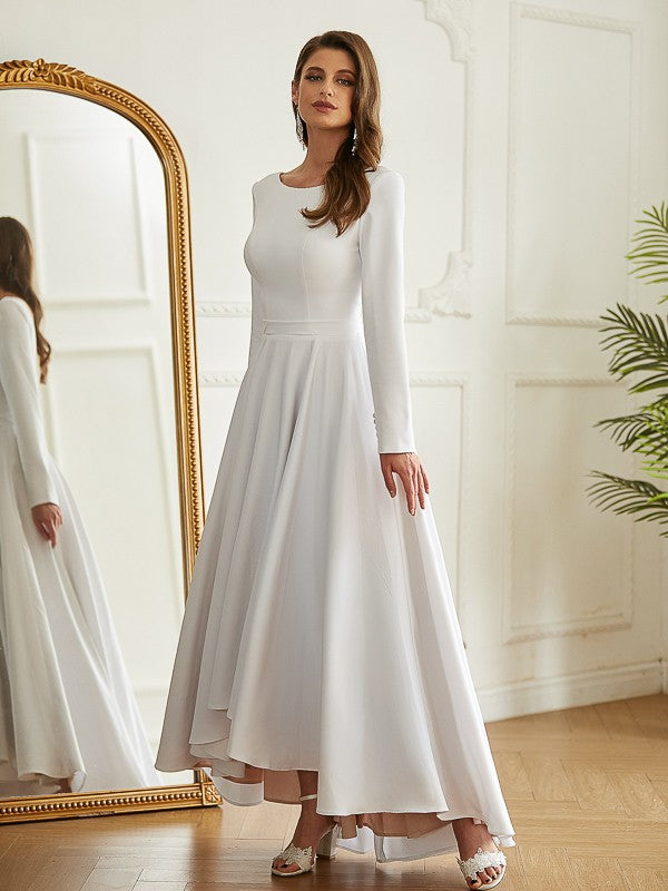 White Crepe A-Line Floor-Length Dress with Long Sleeves & Scoop Neck