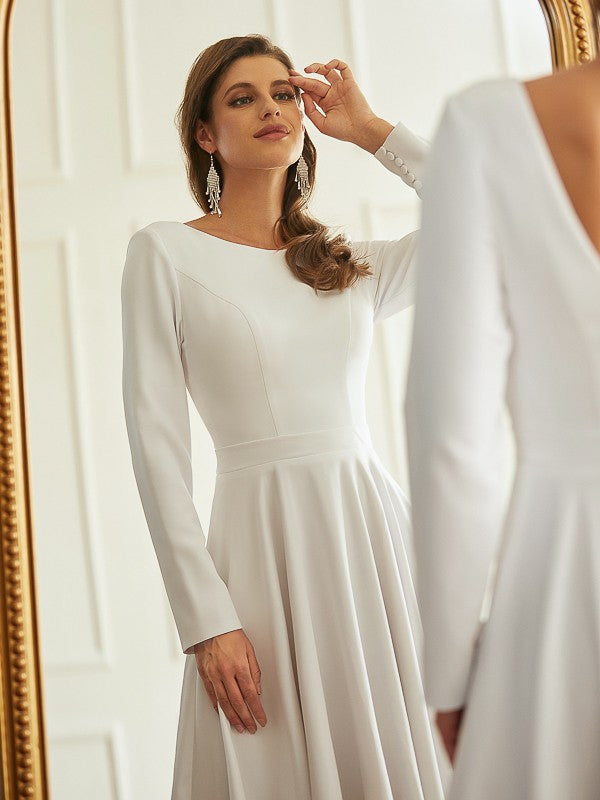 White Crepe A-Line Floor-Length Dress with Long Sleeves & Scoop Neck