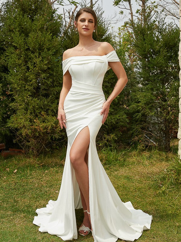 Sheath/Column  Crepe Ruched Off-the-Shoulder Sleeveless Sweep/Brush Train Wedding Dresses