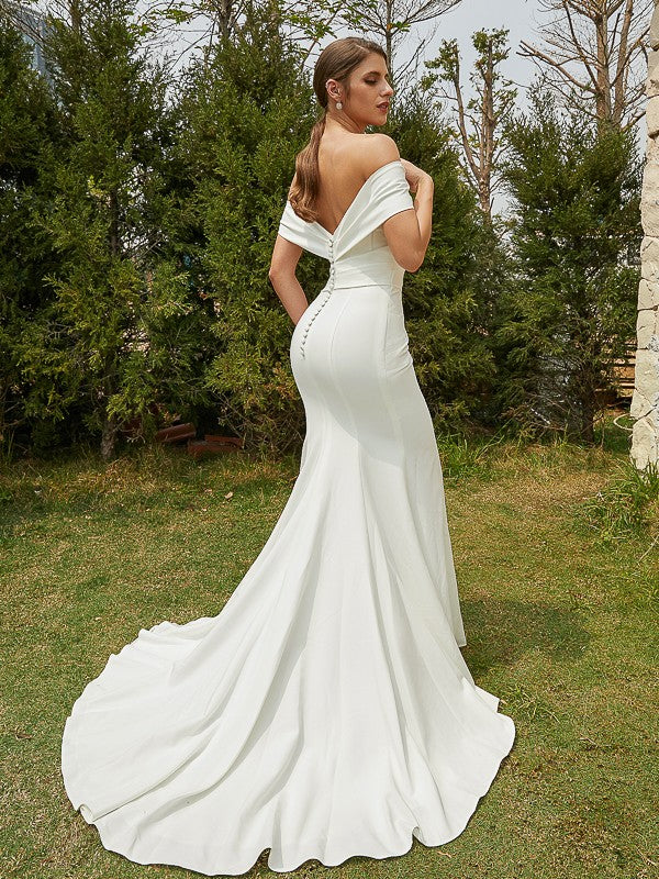Sheath/Column  Crepe Ruched Off-the-Shoulder Sleeveless Sweep/Brush Train Wedding Dresses