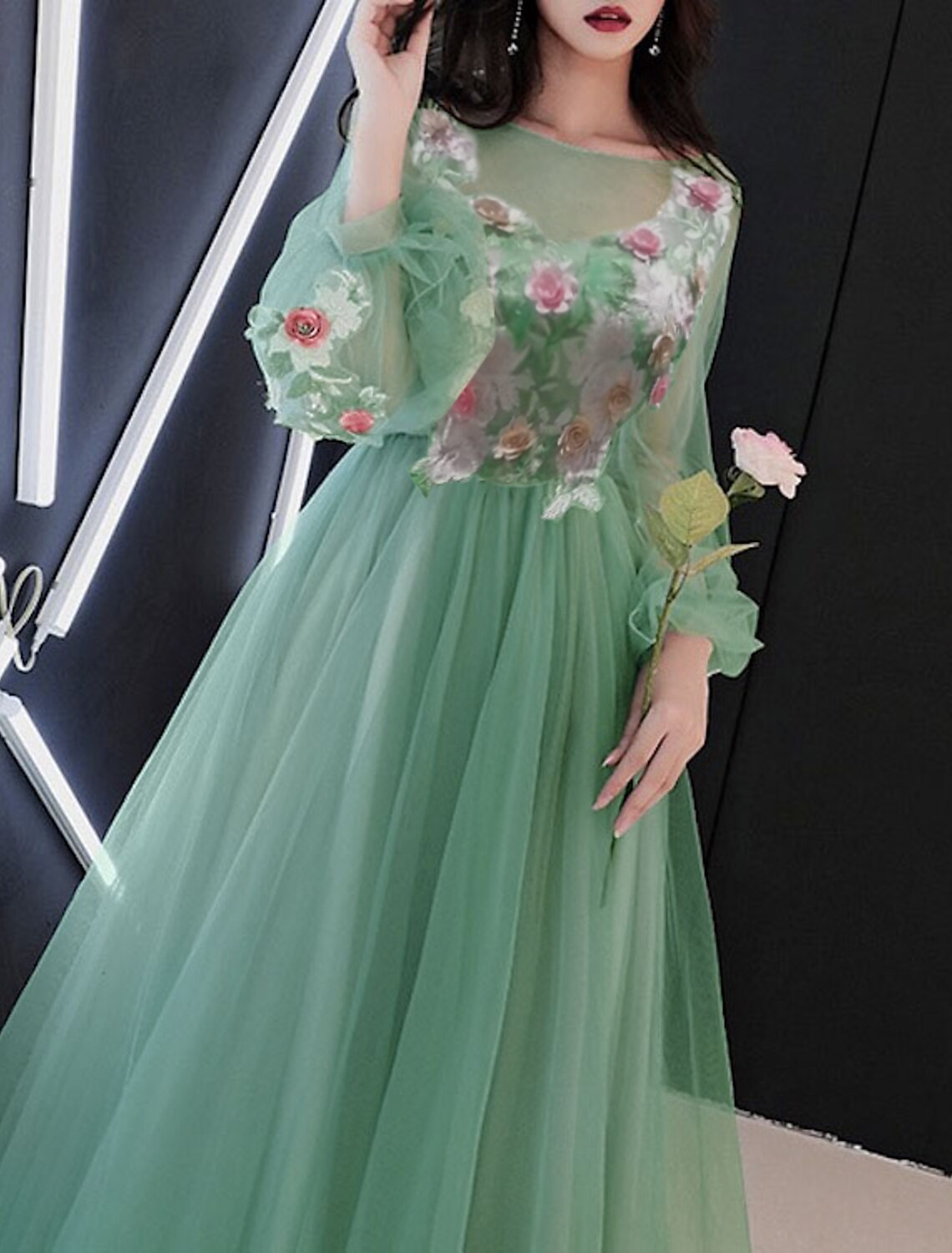 A-Line Prom Dresses Luxurious Dress Valentine's Day Wedding Guest Floor Length Long Sleeve Illusion Neck Tulle with Appliques