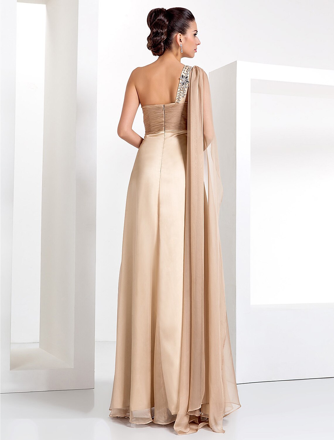 Champagne Chiffon A-Line Floor-Length Evening Dress with One Shoulder & Beaded Strap