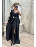 Vestido de noche de corte A con abertura alta, vestido formal de otoño, cola larga, un hombro, satén con pliegues y cristales, abertura