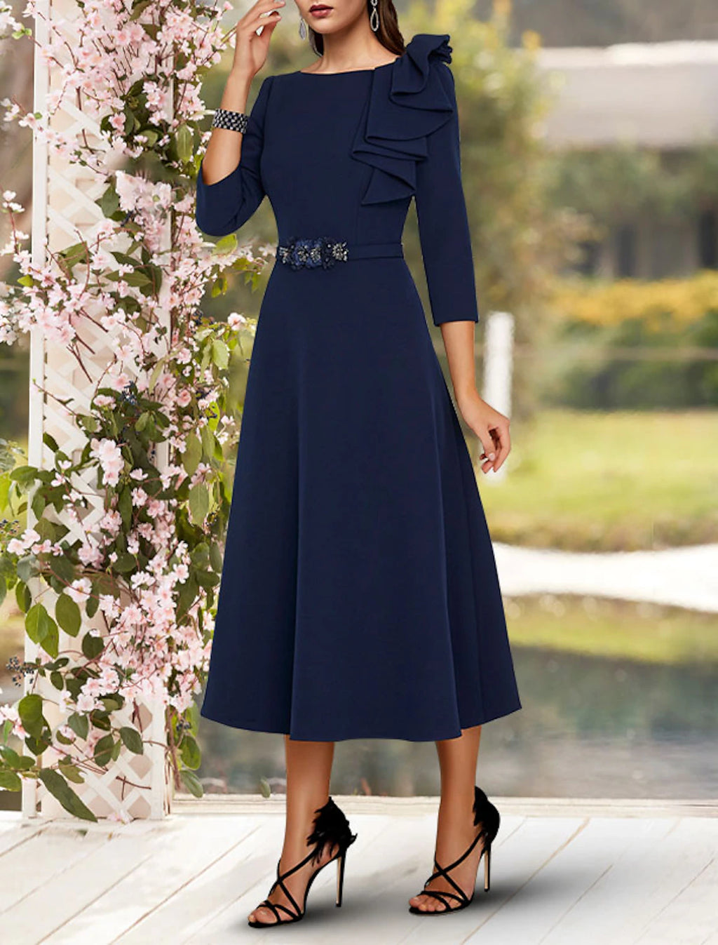 Dark Navy Crepe A-Line Tea-Length Dress with Ruffled Shoulder