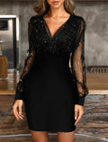 Black Glitter Fabric Short Sheath/Column Dress with Wrap V-Neck & Glitter Mesh Sleeves