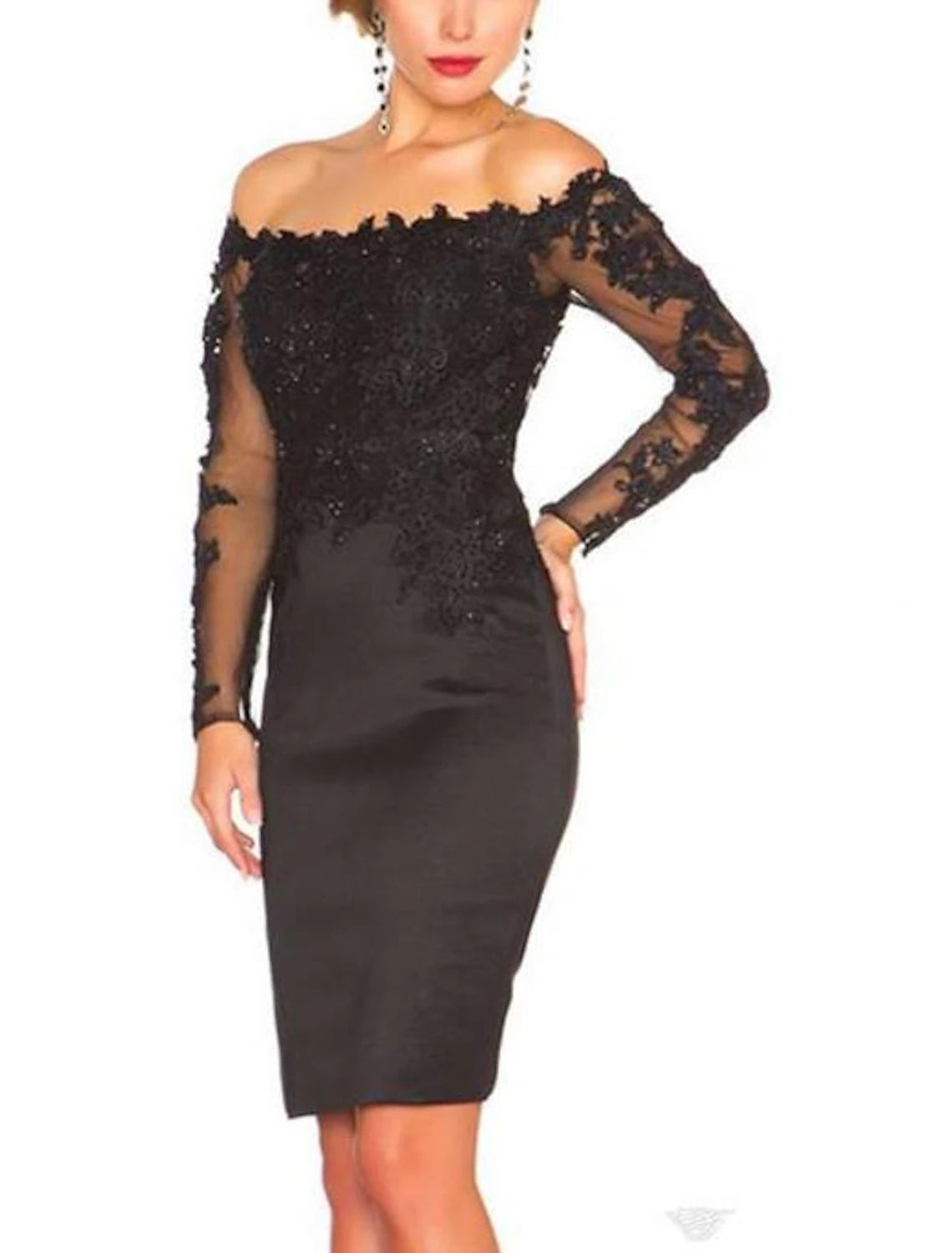 Mermaid Black Dress Plus Size Cocktail Dresses Party Dress Wedding Guest Cocktail Party Knee Length Short Sleeve Halter Neck Italy Satin Ladder Back with Appliques Pure Color