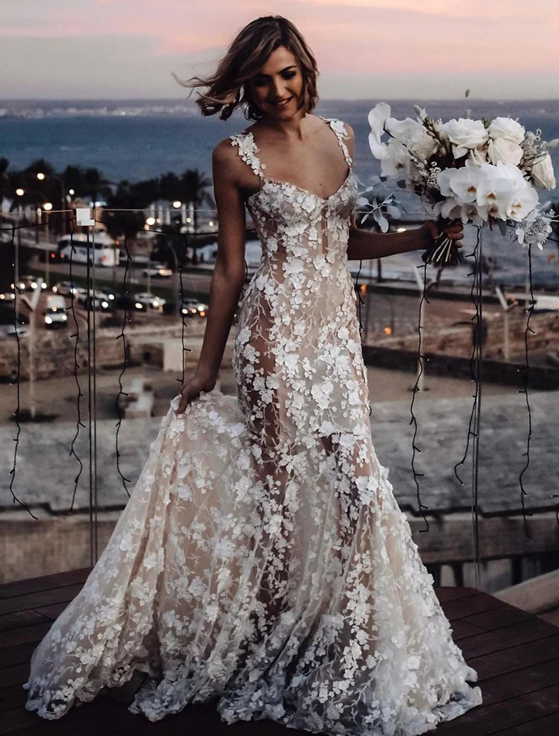 Vestidos de novia bohemios sexys de playa, corte sirena/trompeta, escote corazón, tirantes finos, cola de corte, encaje, con apliques, para bodas de verano y otoño 2025, ropa de mujer