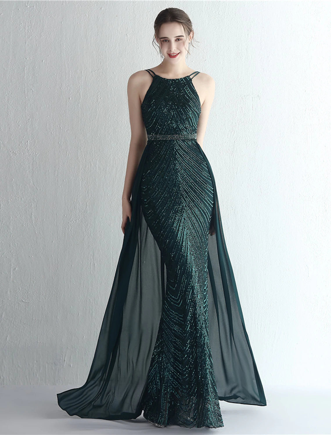 Burgundy Sequin Halter Backless Sheath Floor-Length Evening Dress