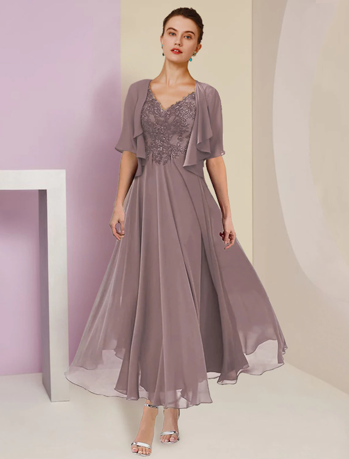 Mauve Chiffon A-Line Midi Dress with Embroidered V-Neck & Flutter Sleeves