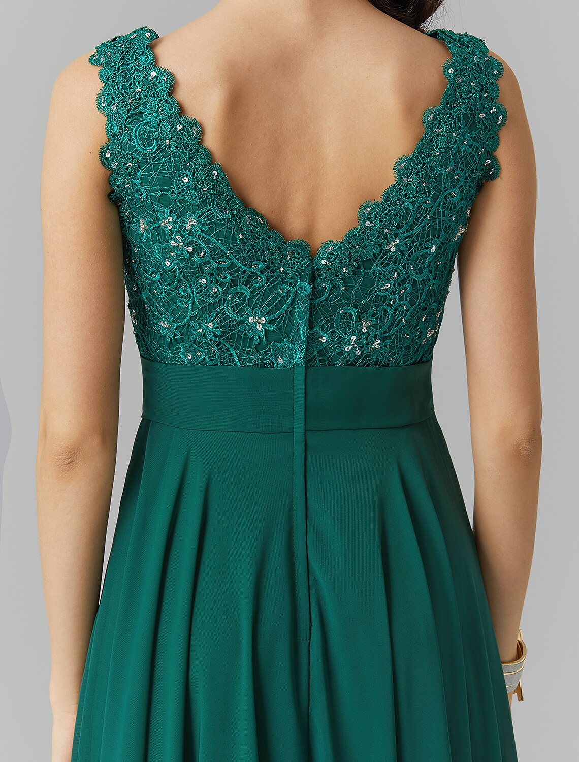 Abito elegante a trapezio, da cerimonia, da sera, lungo, senza maniche, scollo a V, in chiffon, con fascia/nastro e perline