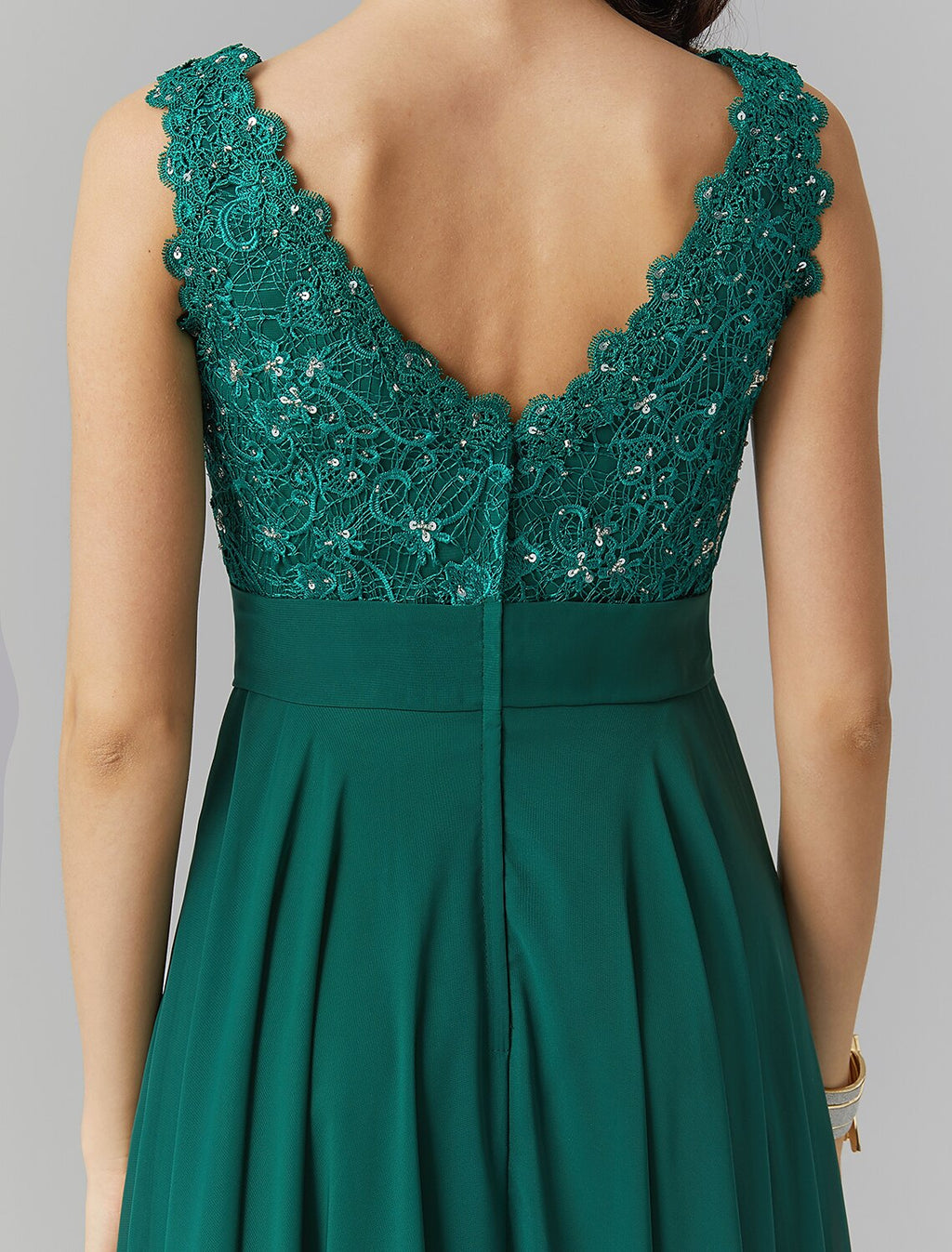 Emerald Chiffon A-Line Floor-Length Dress with Embellished Lace Bodice