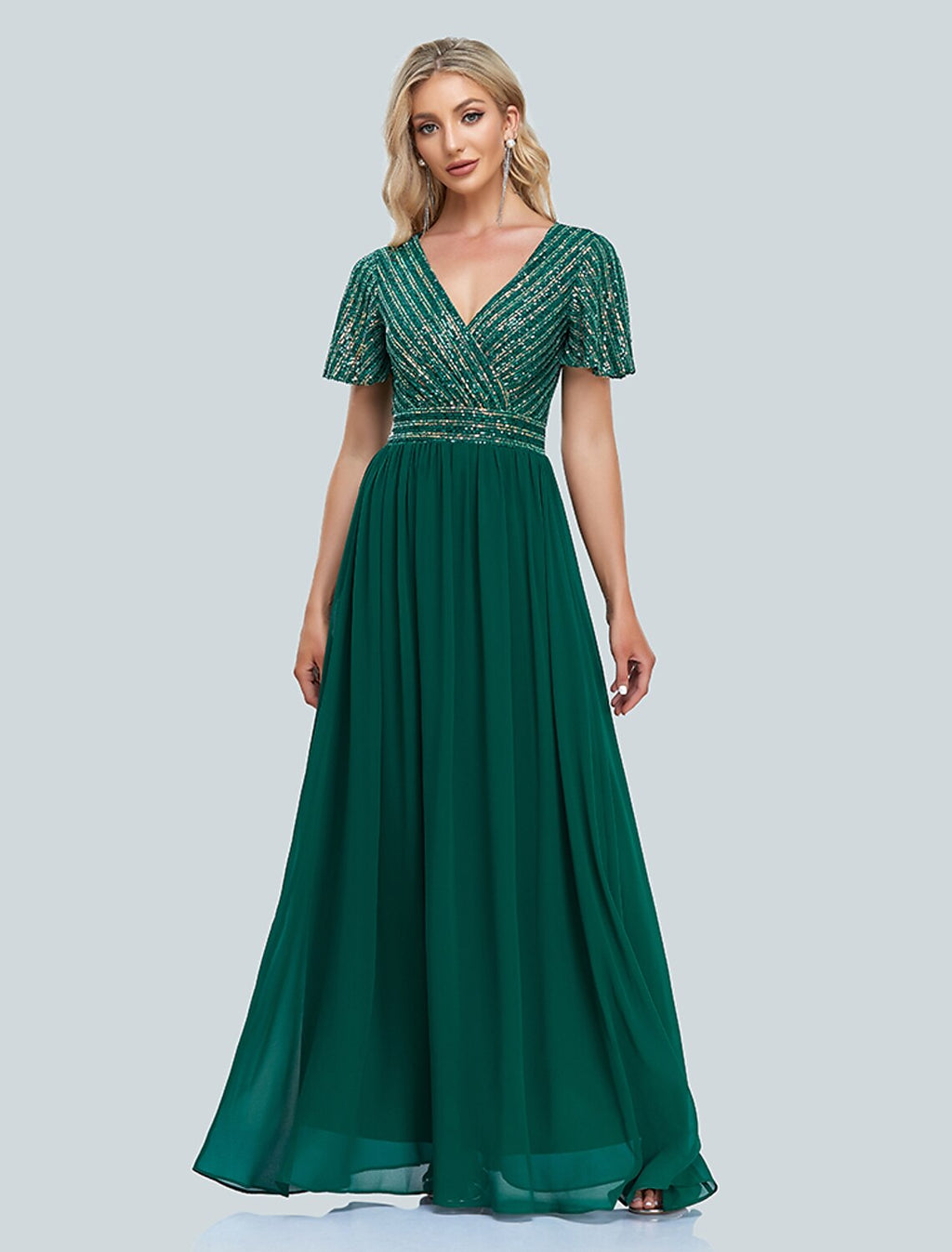 Emerald Sequin Chiffon A-Line Floor-Length V-Neck Dress with Flutter Sleeves