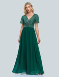 Emerald Sequin Chiffon A-Line Floor-Length V-Neck Dress with Flutter Sleeves