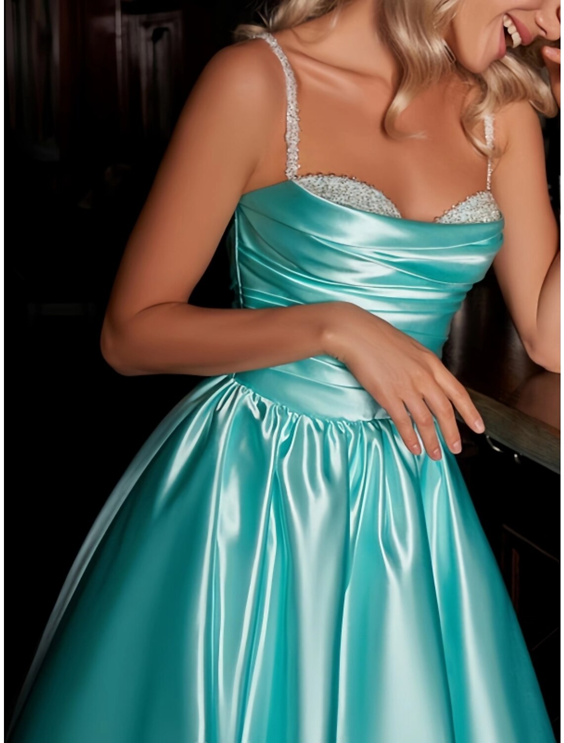 A-Line Cocktail Dresses Party Dress Wedding Wedding Guest Knee Length Sleeveless Spaghetti Strap Satin with Pleats Ruched Sequin