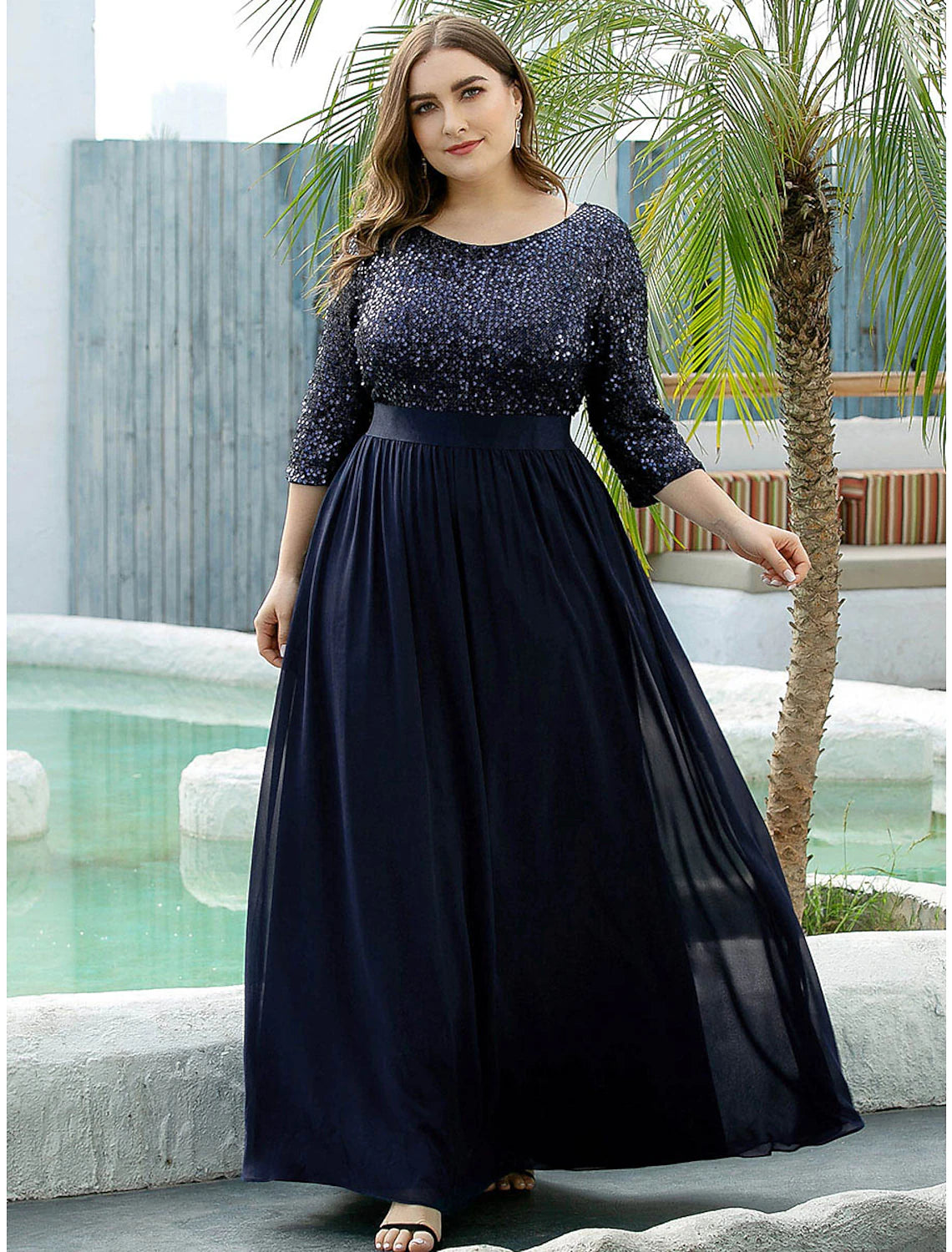 Abito da cerimonia per la madre della sposa, a trapezio, elegante, con scollo gioiello, lunghezza al pavimento, in tulle con paillettes, manica a 3/4, con paillettes, taglie forti