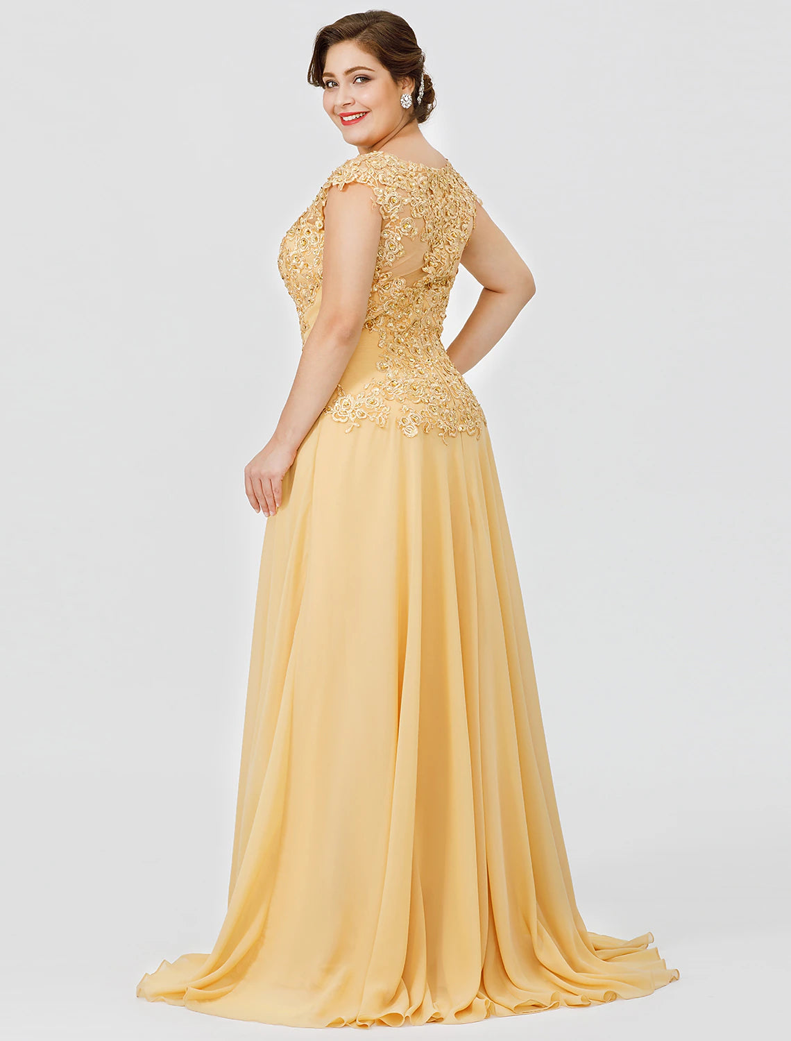 Champagne Chiffon A-Line Floor-Length Evening Dress with Embroidered Bodice