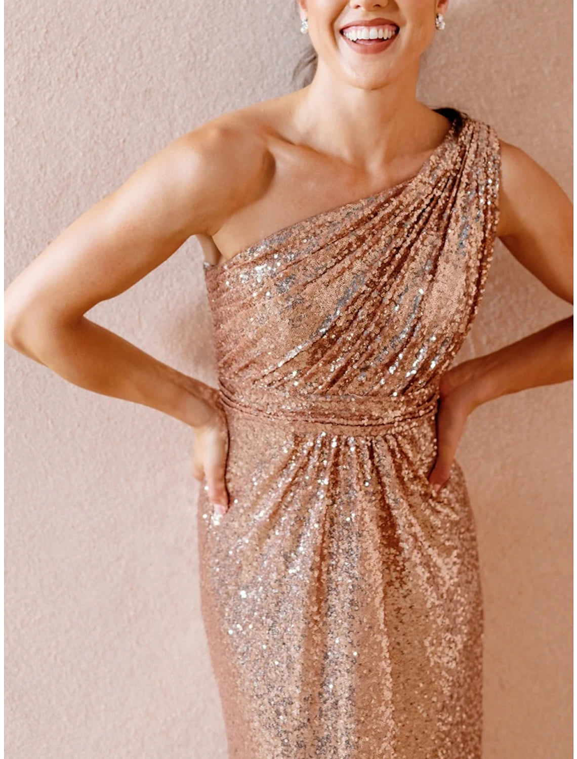 Rose Gold Sequin One Shoulder Sheath/column Floor-Length Dress