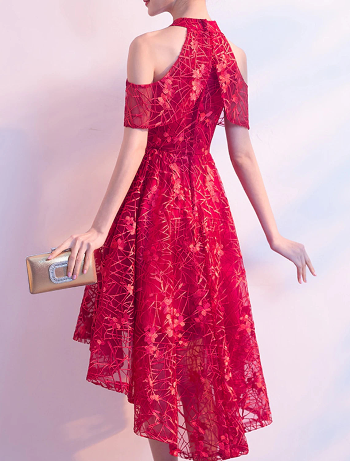 Abiti da cocktail a trapezio, eleganti, da invitare a nozze, asimmetrici, a maniche corte, con scollo gioiello, in tulle con pieghe, motivo/stampa