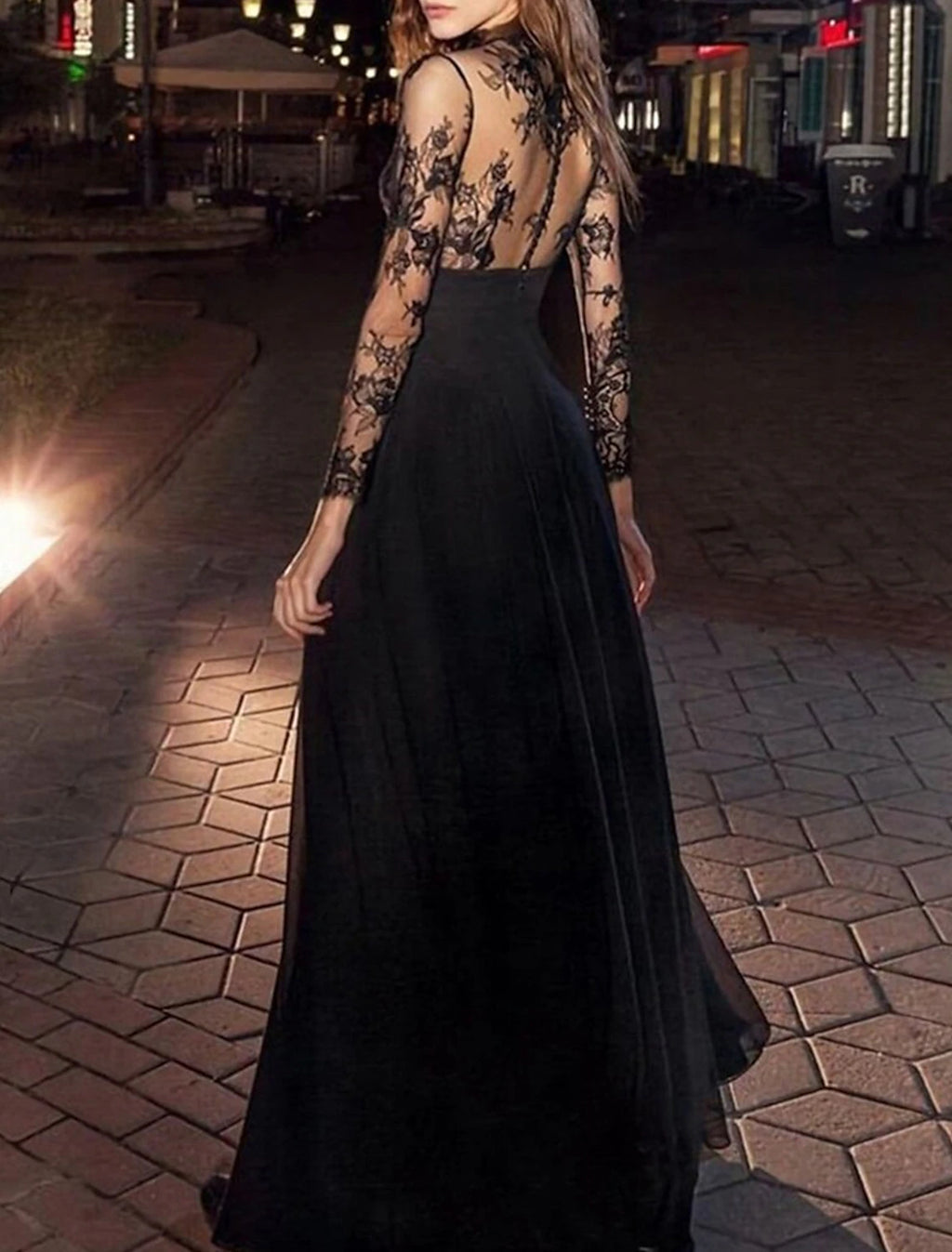 Black Lace A-Line Floor-Length Evening Dress with High Neck