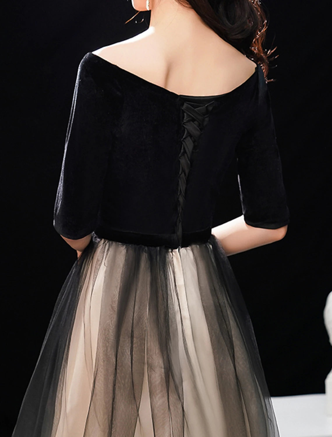 Black Velvet Tulle Off-the-Shoulder A-Line Floor-Length Evening Dress