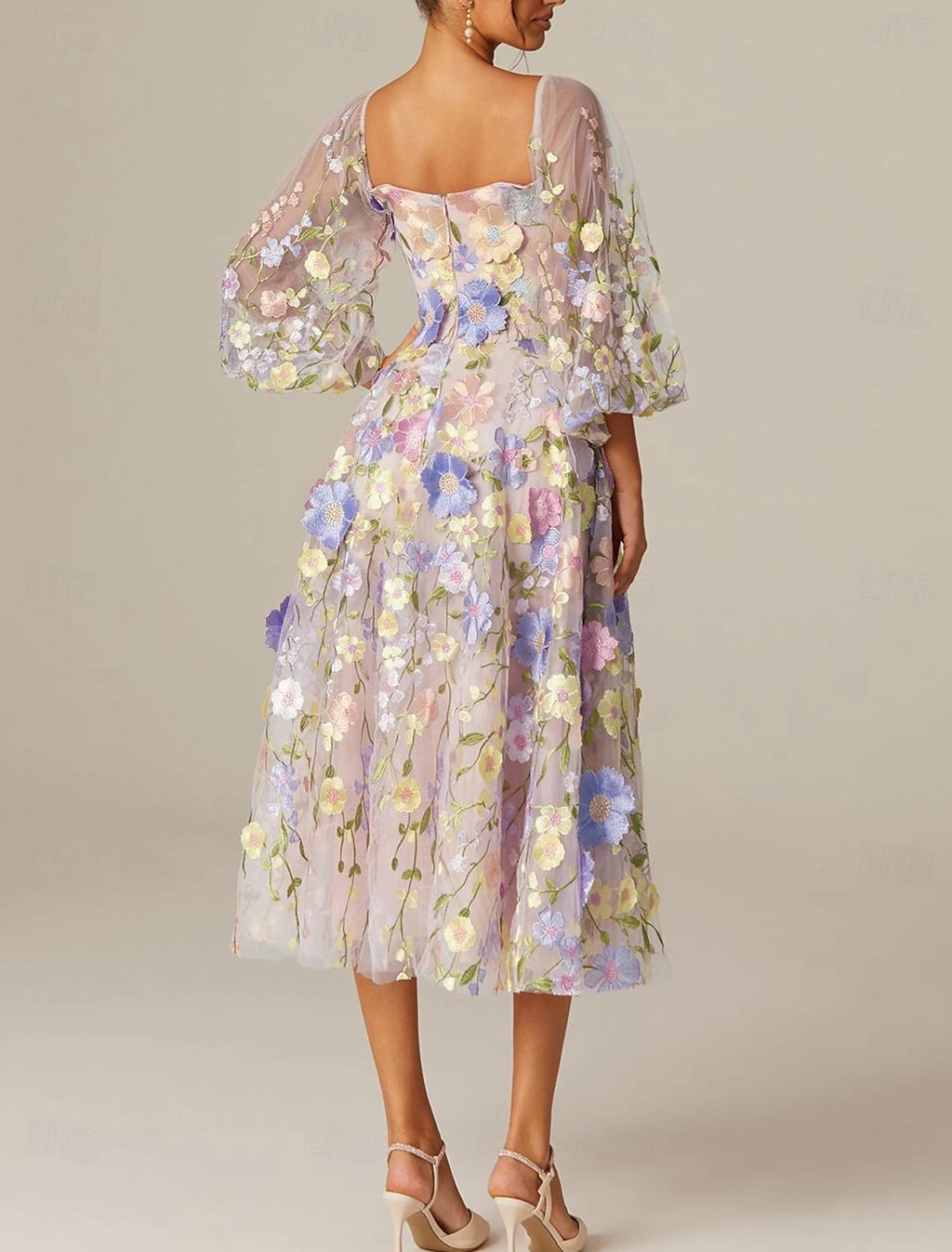 Vestidos de fiesta de corte A, vestido vintage para San Valentín, fiesta de graduación, largo hasta la rodilla, manga larga, escote cuadrado, tul con apliques
