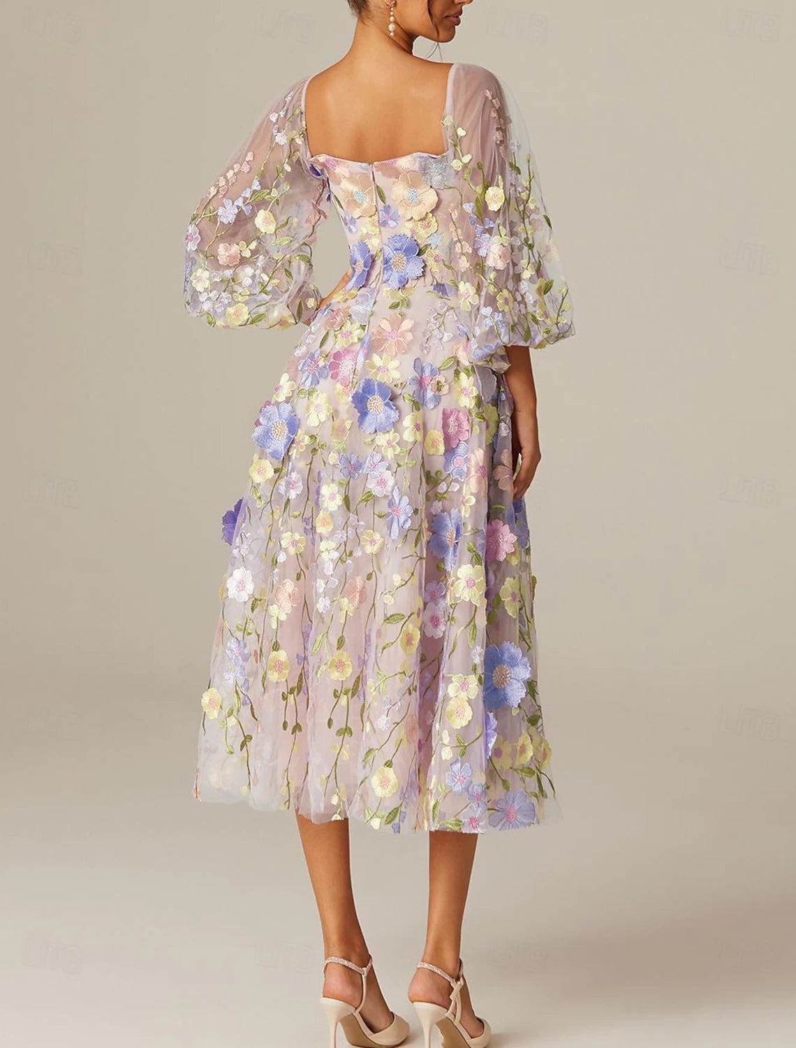 Vestidos de fiesta de corte A, vestido vintage para San Valentín, fiesta de graduación, largo hasta la rodilla, manga larga, escote cuadrado, tul con apliques