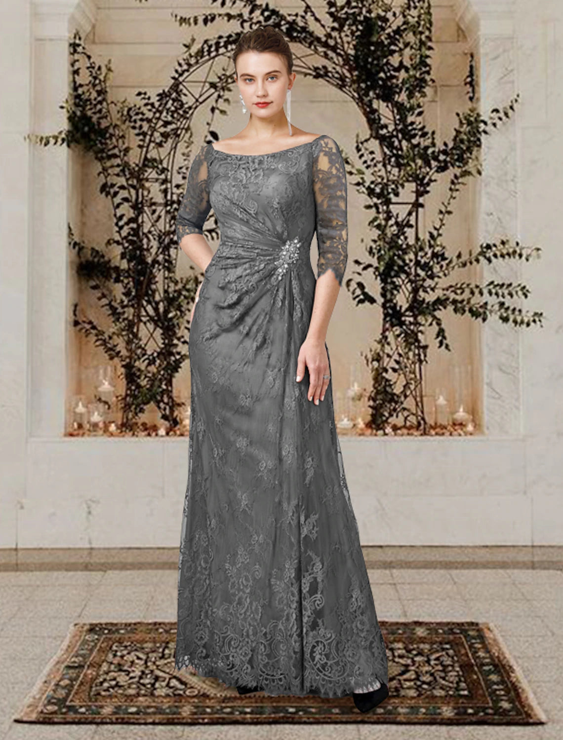 Grey Lace Sheath/column Floor-Length Dress