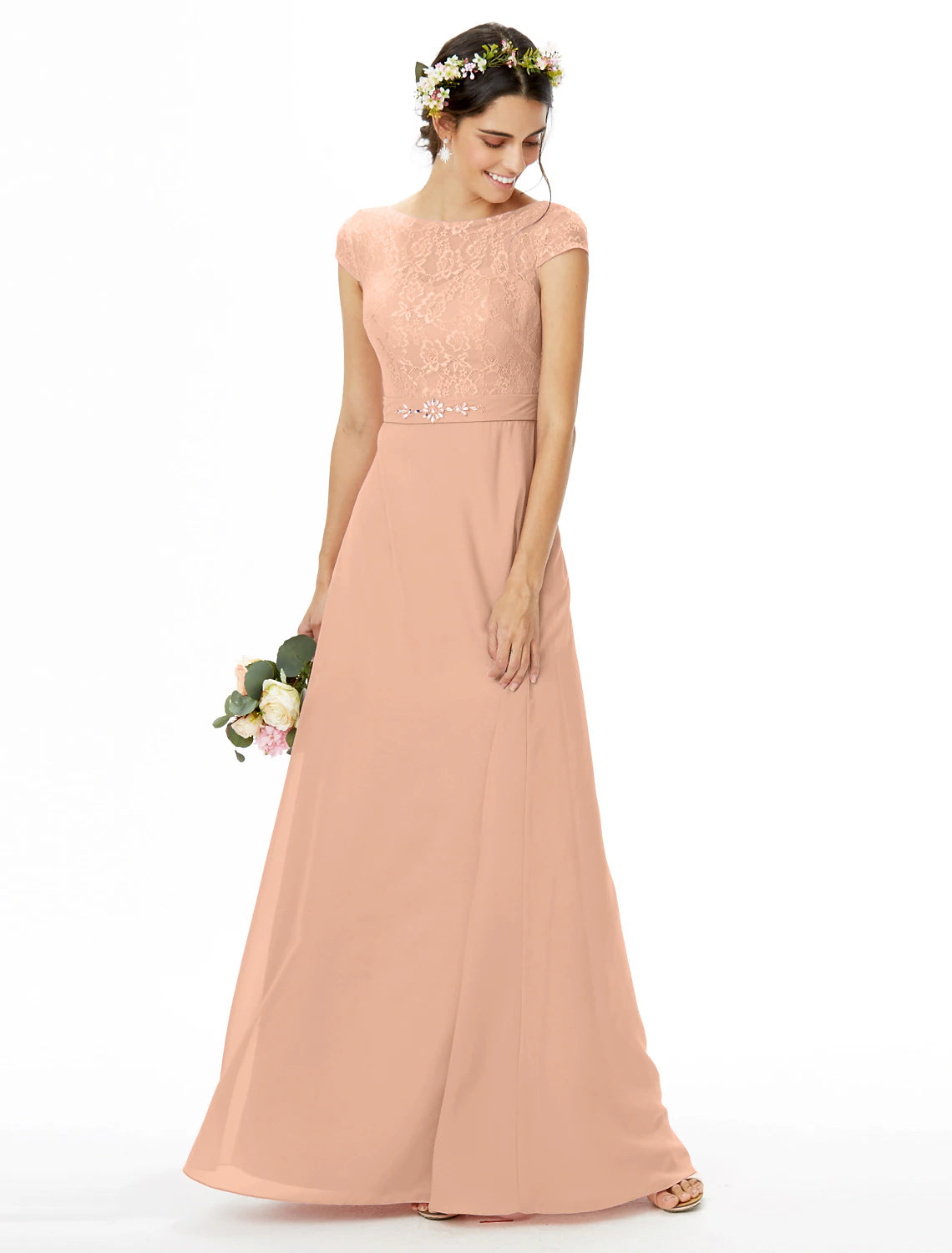 Abito da damigella d'onore a tubino/colonna, scollo a barca, manica corta, elegante, lunghezza pavimento, in chiffon/pizzo con pizzo/fascia/nastro/fiocco/i