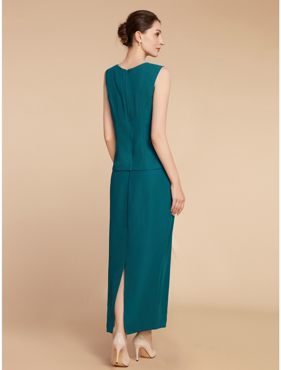 Vestido de Madre de la Novia con Corte en A/Columna, Elegante, Sencillo, con Cuello Joya, Largo hasta el Tobillo, de Gasa, Manga Larga, con Abertura Delantera, Fruncido, Color Sólido