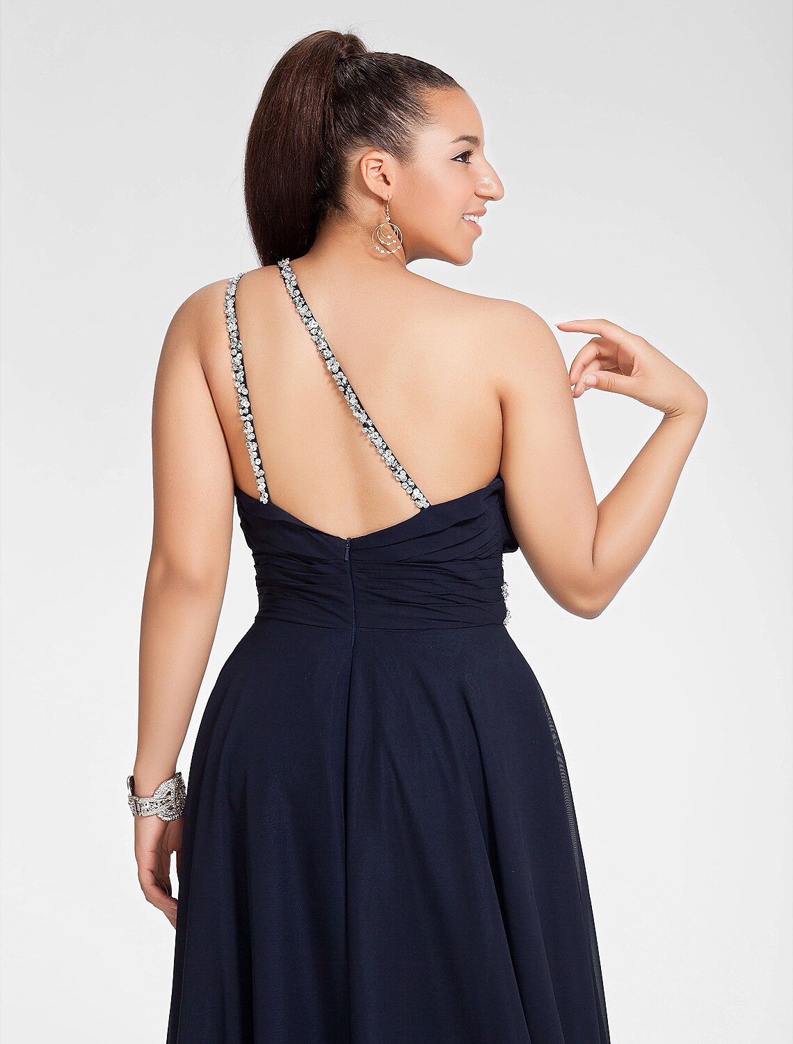 Dark Navy One Shoulder A-Line Chiffon Floor-Length Evening Dress