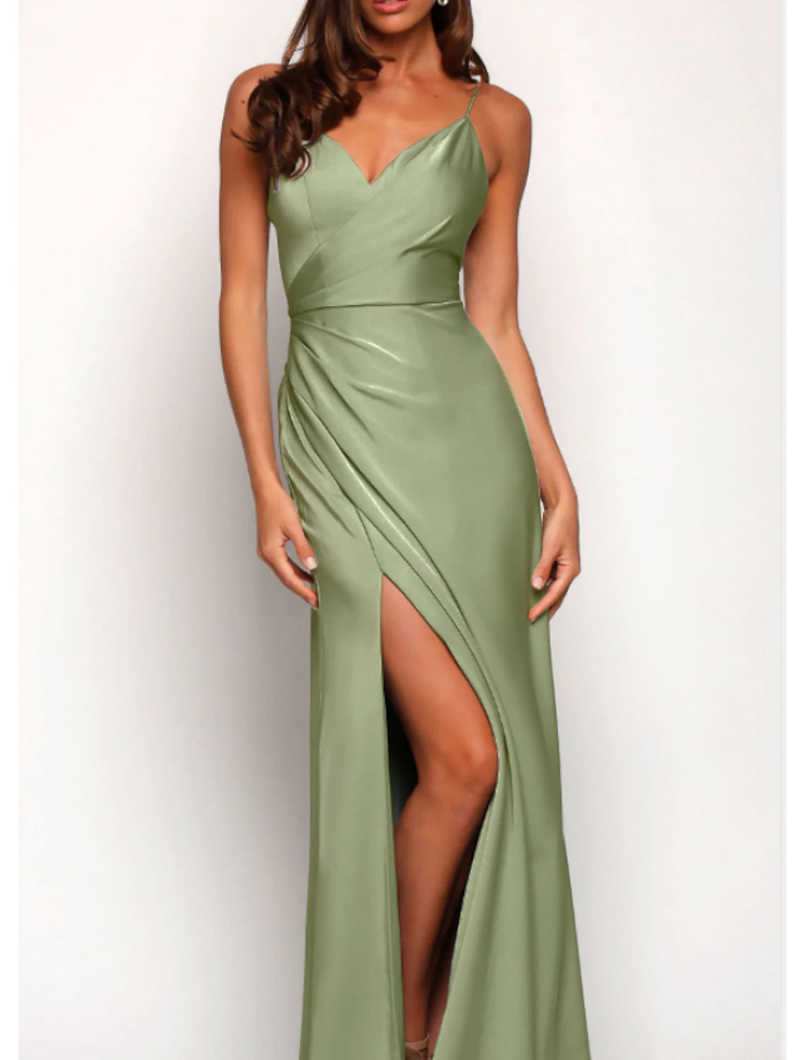Sage Green Satin V-Neck Sheath/column Floor-Length Bridesmaid Dress with Draped Bodice & High Slit