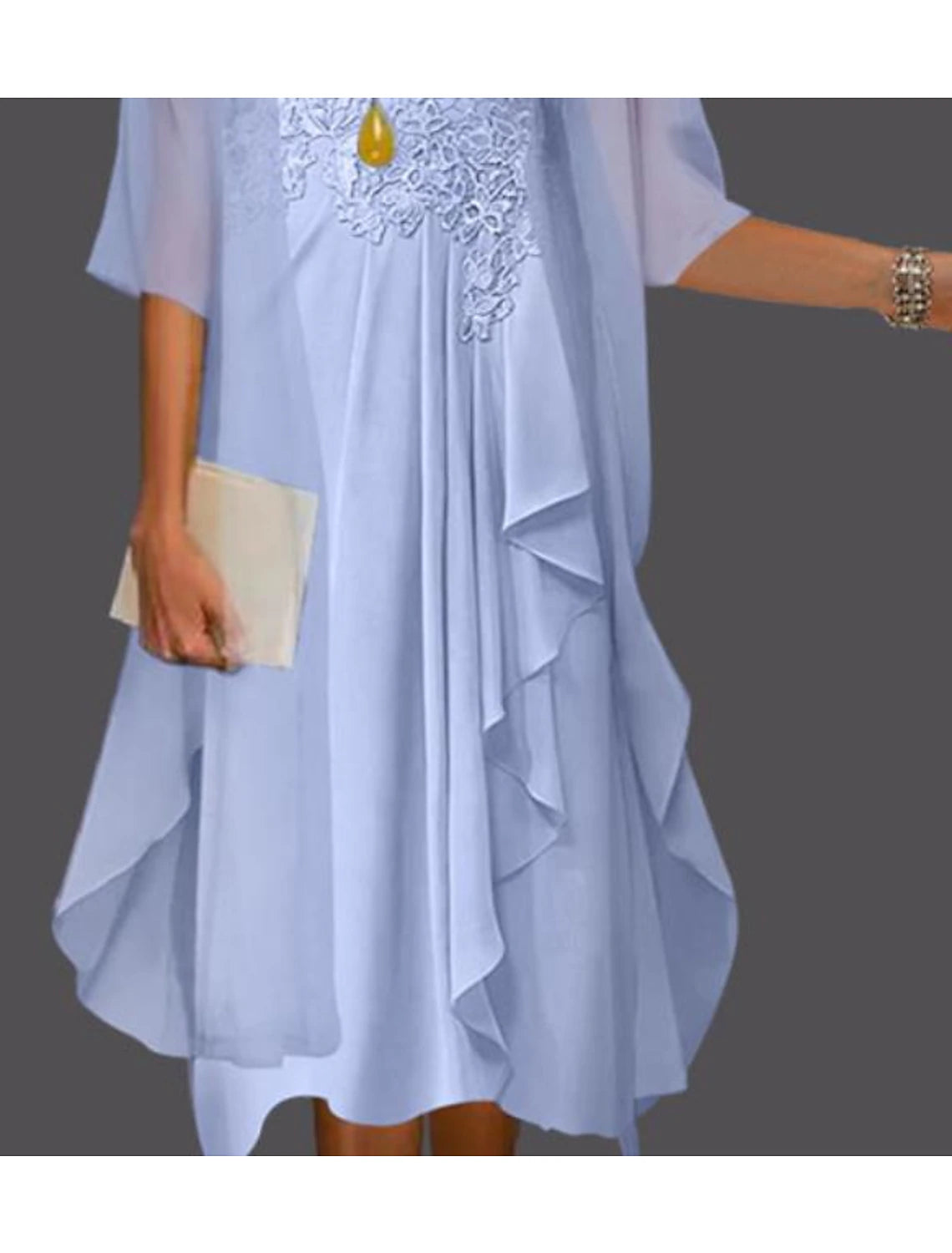 Abito da sposa a trapezio in due pezzi per la madre della sposa, elegante, a maniche lunghe, con scollo a barchetta, lunghezza al ginocchio, in pizzo e chiffon, con applicazioni di pieghe Jakcet