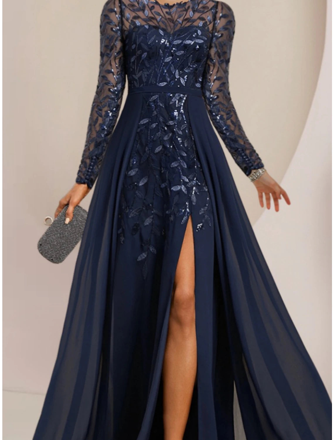 Dark Navy Sequin Illusion A-Line Floor-Length Evening Dress