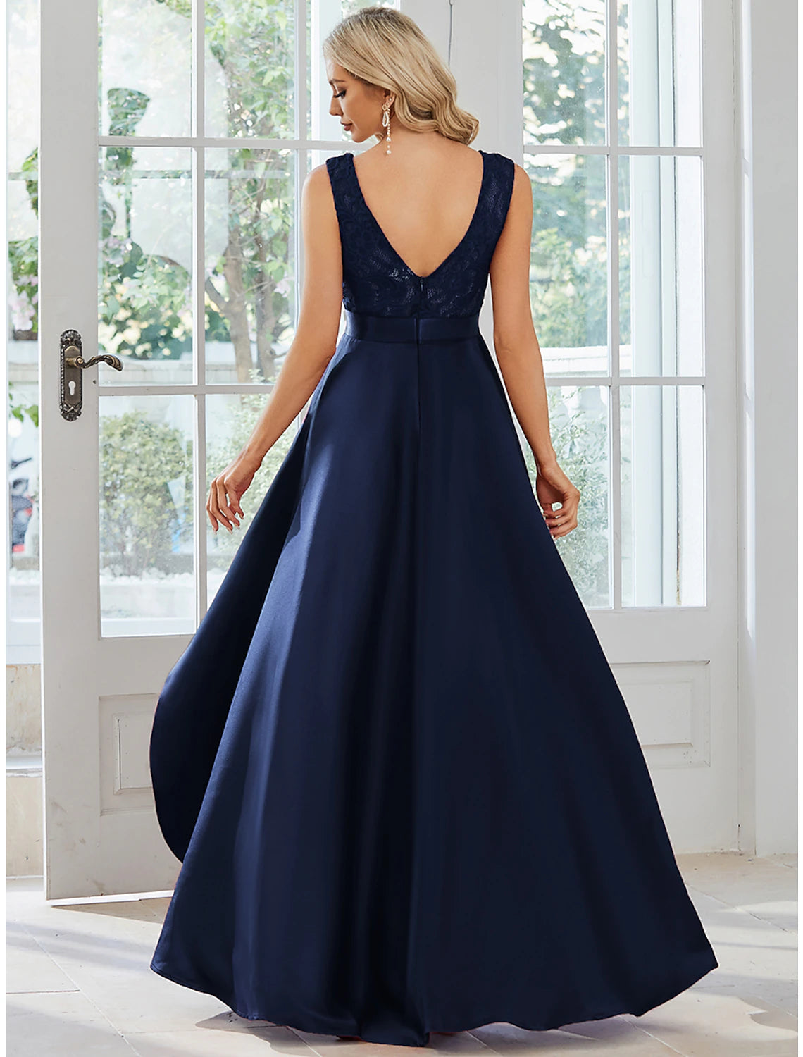Dark Navy Lace & Satin A-Line High-Low Evening Dress