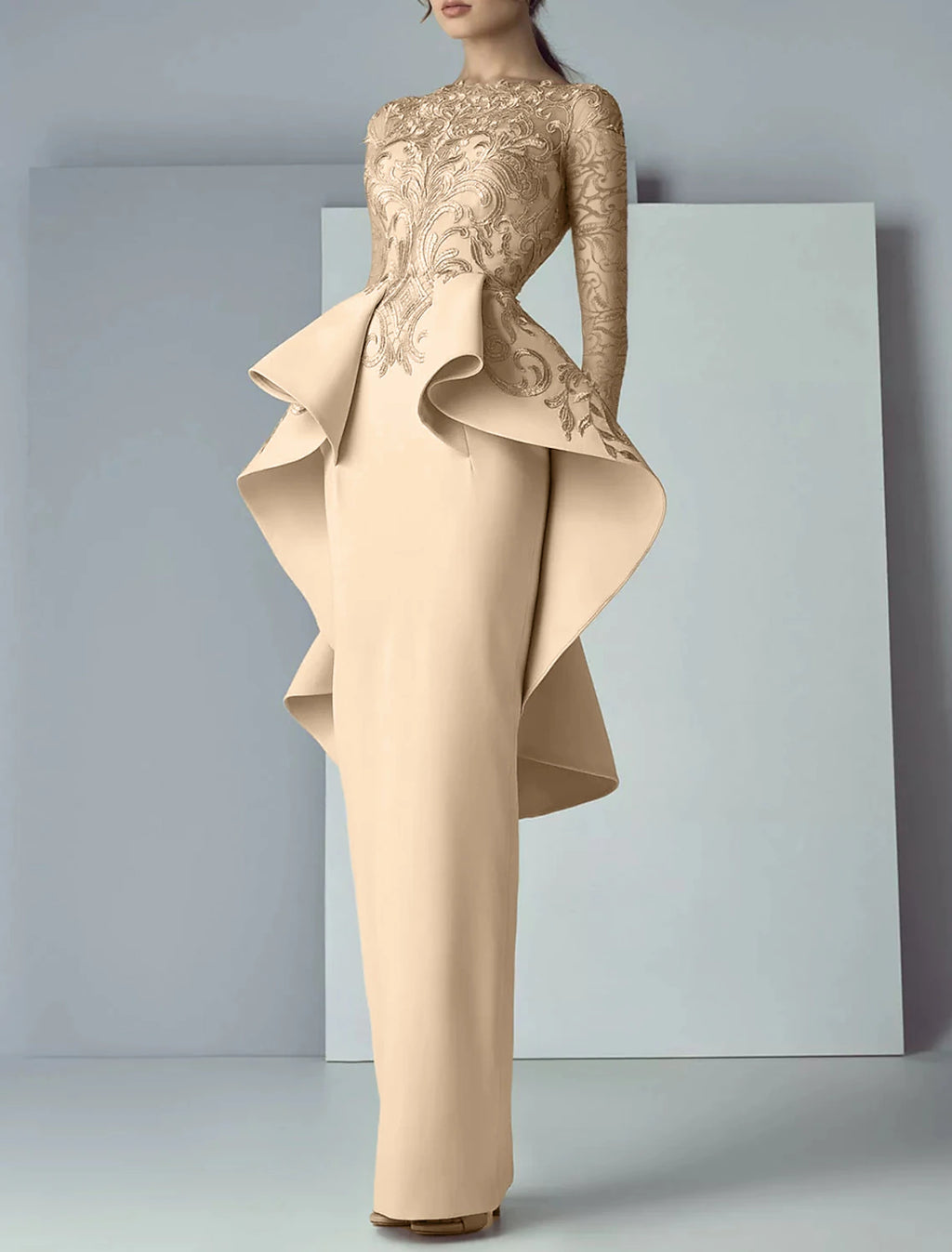 Abito da cerimonia per la madre della sposa, a tubino, elegante, con scollo a barchetta, lunghezza al pavimento, in pizzo, maniche lunghe con applicazioni di volant