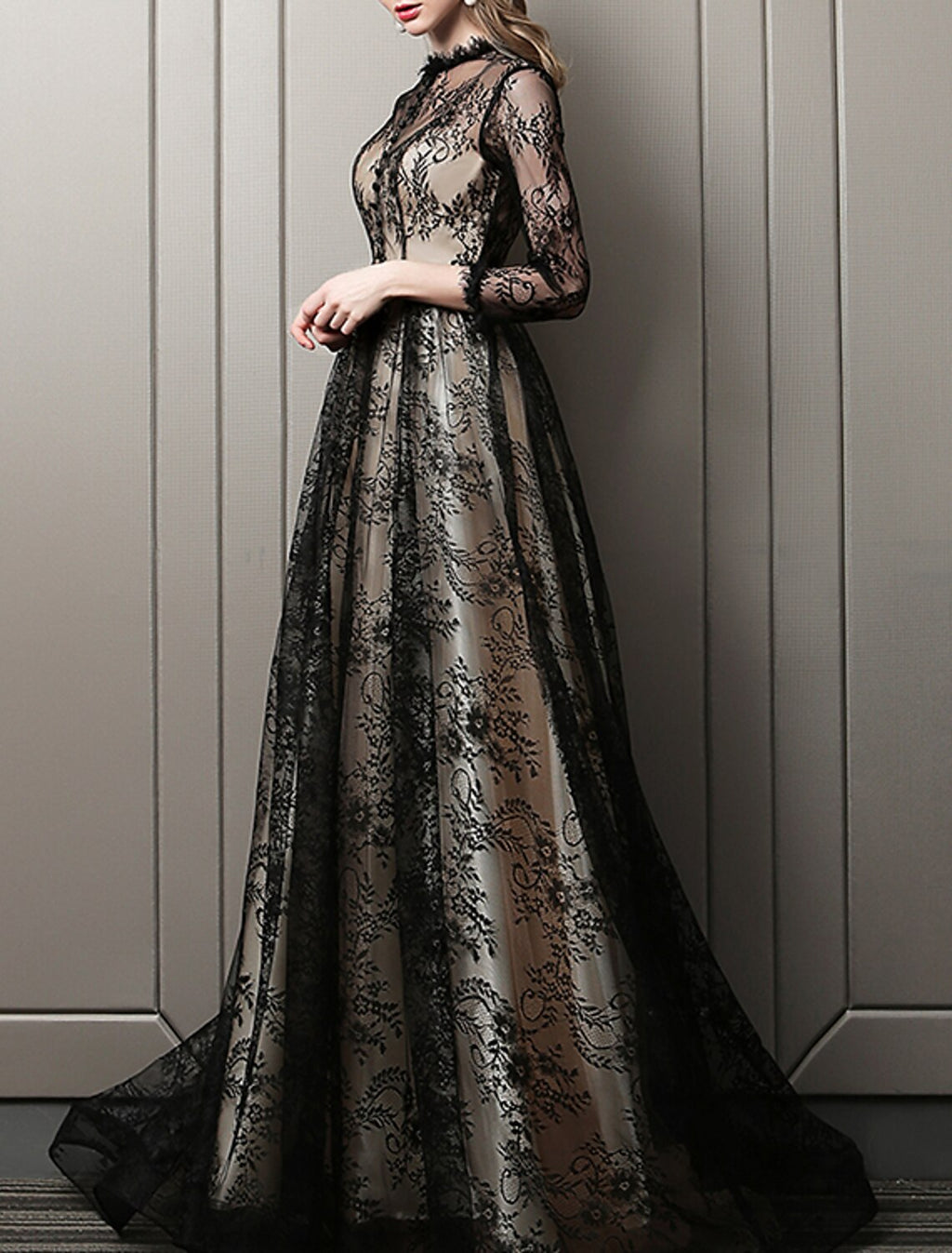 Black Lace A-Line Floor-Length Evening Dress with Lace overlay and High neck