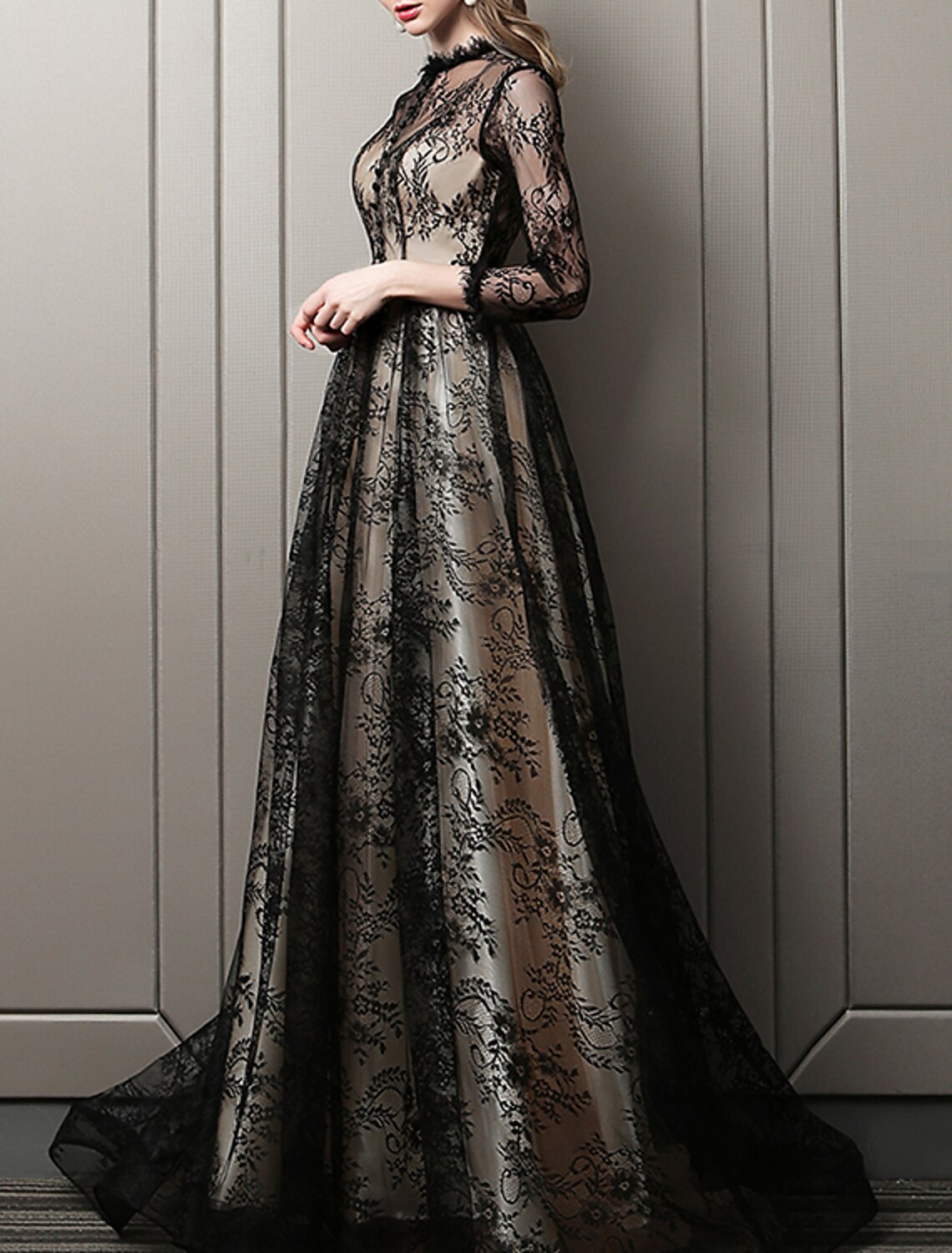 Black Lace A-Line Floor-Length Evening Dress with Lace overlay and High neck
