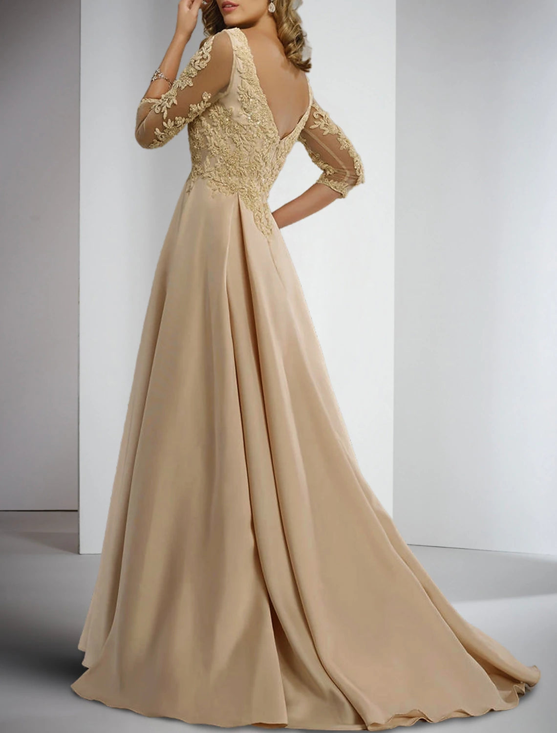 Champagne Satin Mermaid Floor-Length V-Neck Dress with Lace Bodice