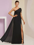 Black Beaded One Shoulder Sheath/column Floor-Length Evening Dress with High Slit