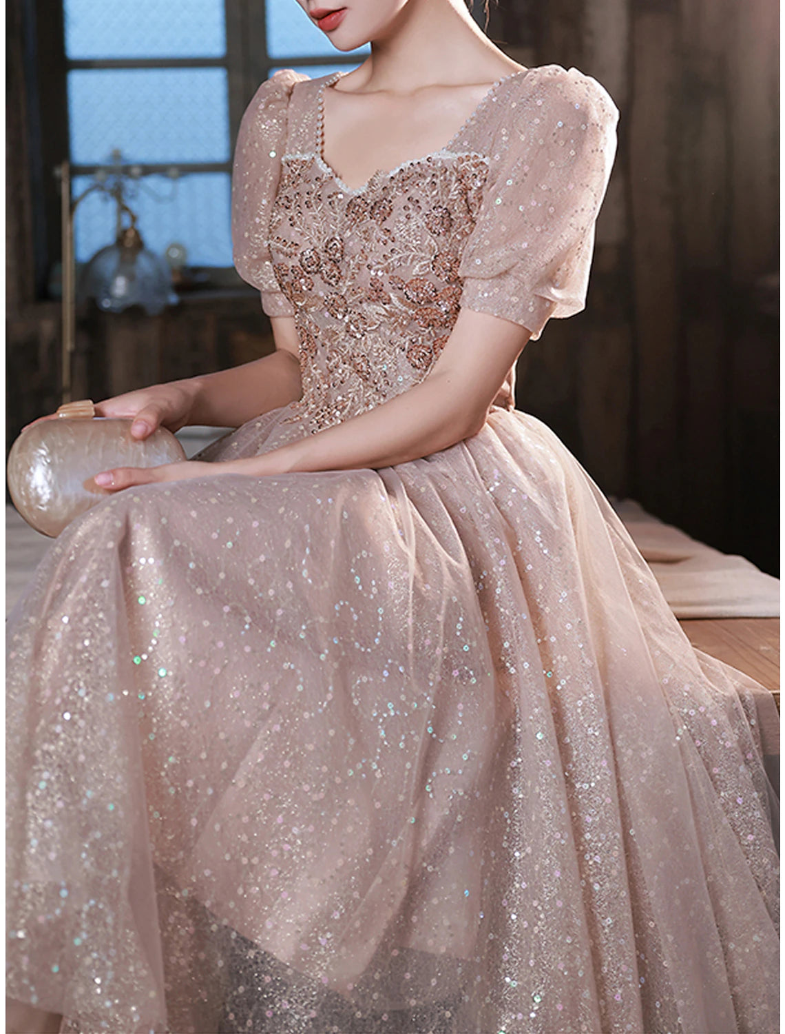 Abiti da ballo a trapezio, scintillanti e brillanti, da festa, lunghezza alla caviglia, maniche corte, scollo a cuore, in raso con applicazioni di perle 2025