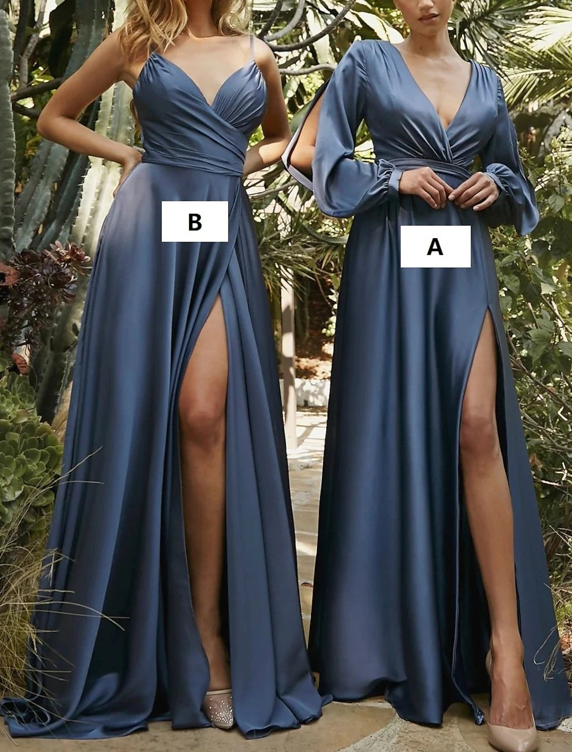 Dusty Blue Satin A-Line Floor-Length Dress with V-Neck, Draped Bodice & High Slit