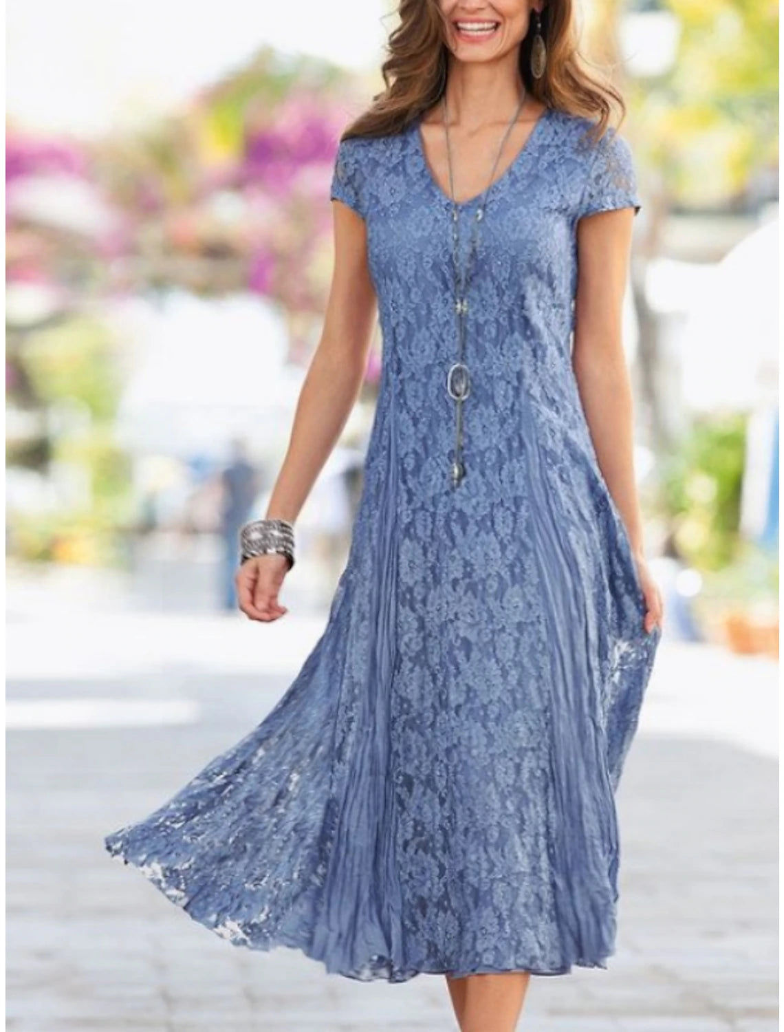 Dusty Blue Lace A-Line V-Neck Tea-Length Dress