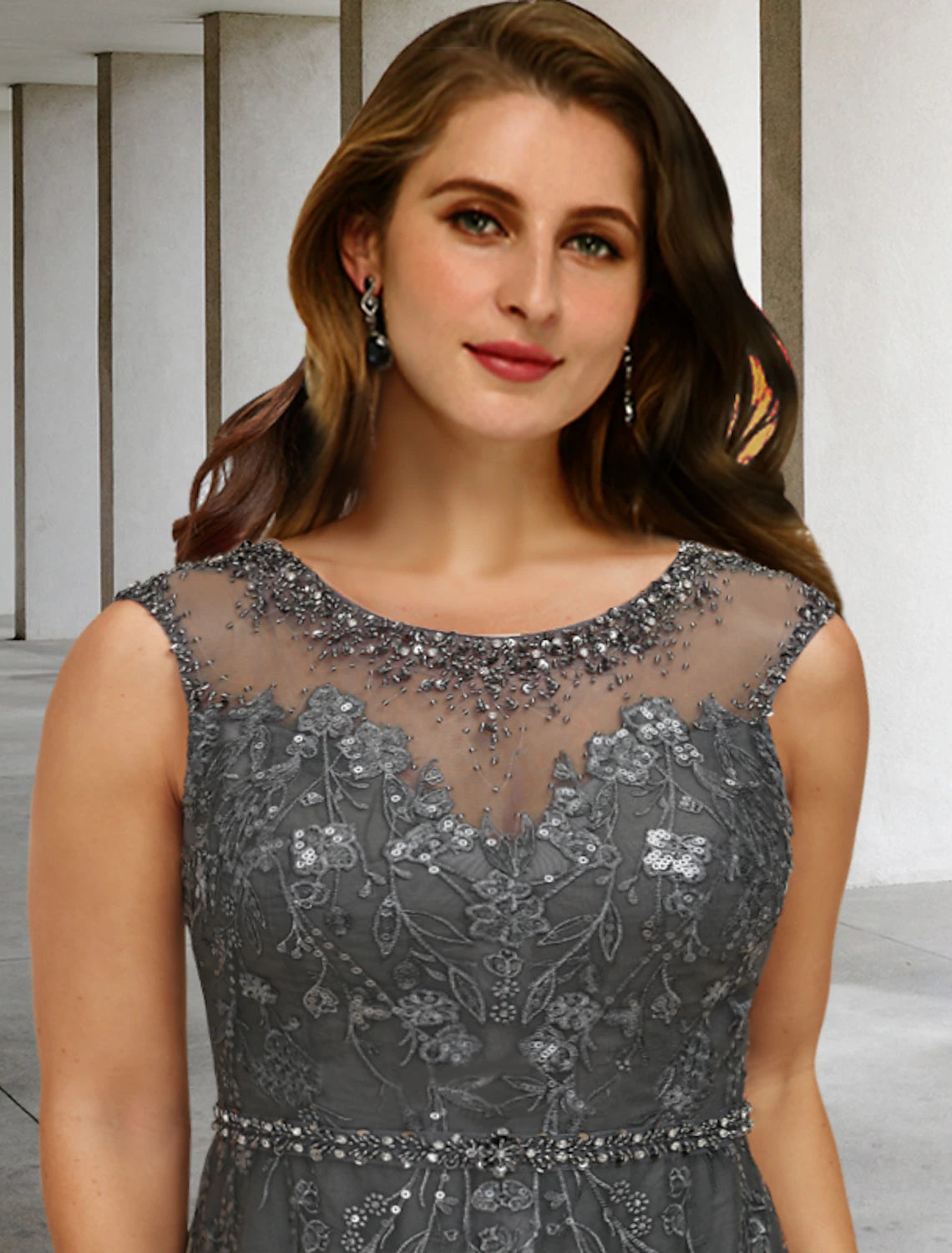 Grey Tulle A-Line Floor-Length Evening Dress with Illusion Neckline and Beaded Lace Appliques